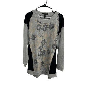 BCBG Maxazria Floral Embroidered Sweatshirt Gray Black Sz Large Relaxed Fit